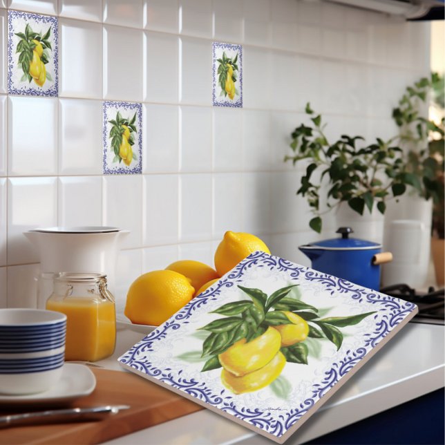 Ceramic Tile with Lemons Blue Toile (Creator Uploaded)