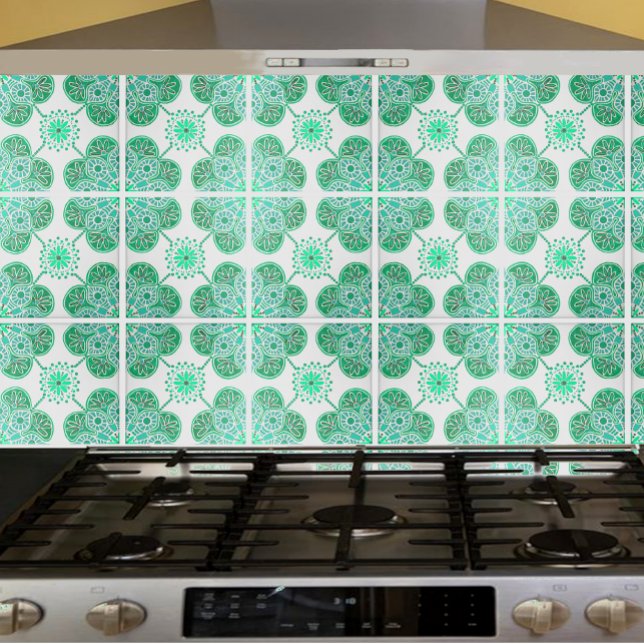 Ceramic Tile with repeating  green design (Green and white repeating pattern tile shown on a kitchen backsplash.)