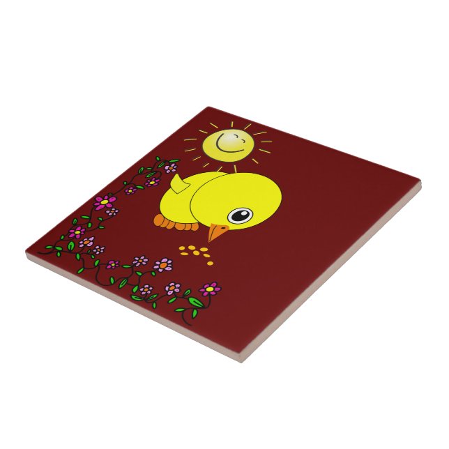 Ceramic Tile Yellow Chick Floral Sun (Side)