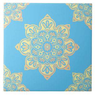 Ceramic tile, yellow medallion on Cerulean blue Tile