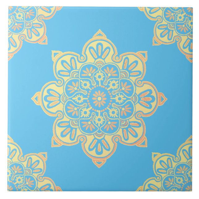 Ceramic tile, yellow medallion on Cerulean blue Tile (Front)