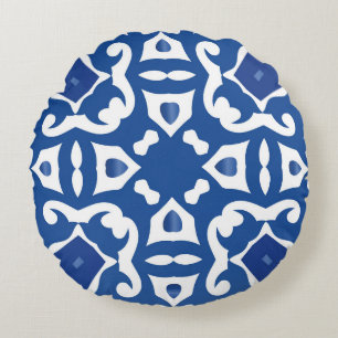 Ceramic tiles azulejo portugal. Vintage seamless p Round Pillow