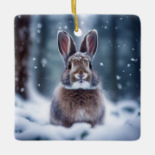Céramique Joli Lapin Dans La Forêt Enneigée Ornement En Céra
