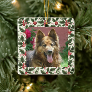 Céramique Ornement de photo de Noël en houx pour animaux de