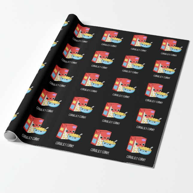 Cerealsly Corny Funny Milk Cereal Pun Dark BG Wrapping Paper (Unrolled)