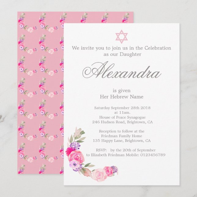 Cérémonie de baptême Hébreu Fille rose Invitation (Devant / Derrière)