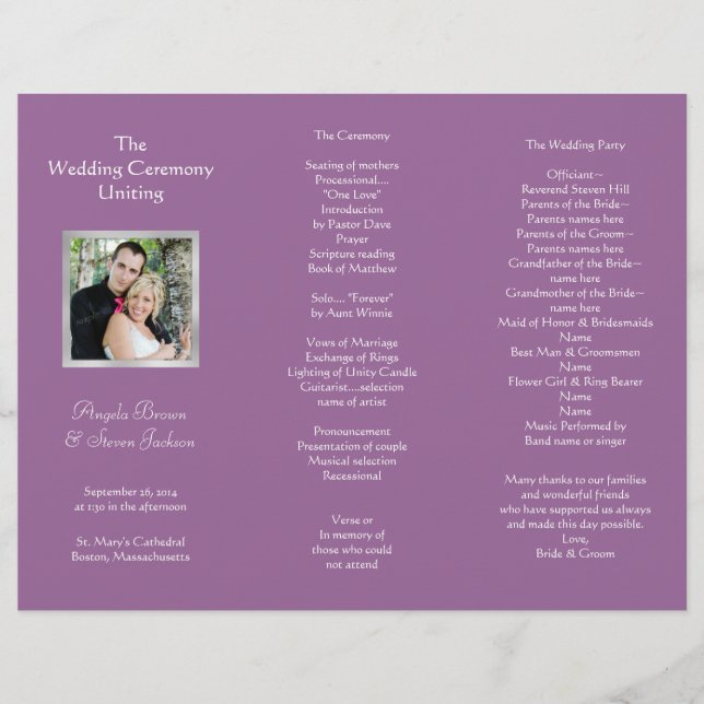 Cérémonie de mariage Programme Plié Avec Photo (Devant)