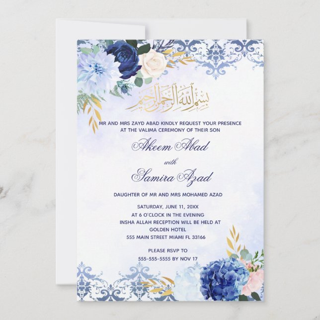 Cérémonie de Nikah ou Valima Invitation Gold Bleu (Devant)