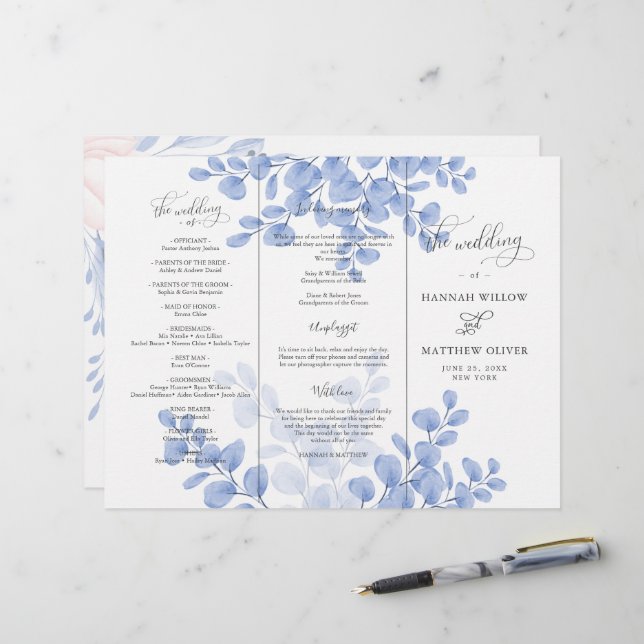 Cérémonie Feuille de Mariage botanique bleu Eucaly (Devant/Arrière en situation)