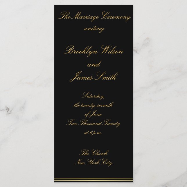 Cérémonie Noir Et Or Élégant Mariage Programmes (Devant)