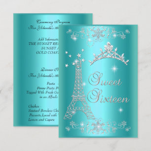 Ceremony and Dinner Menu Sweet 16 Teal Blue Invitation