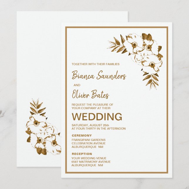 Ceremony and Reception Gold Floral Wedding Invitation (Front/Back)