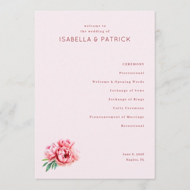 Ceremony Processional Pink Floral Serif Program (Front)