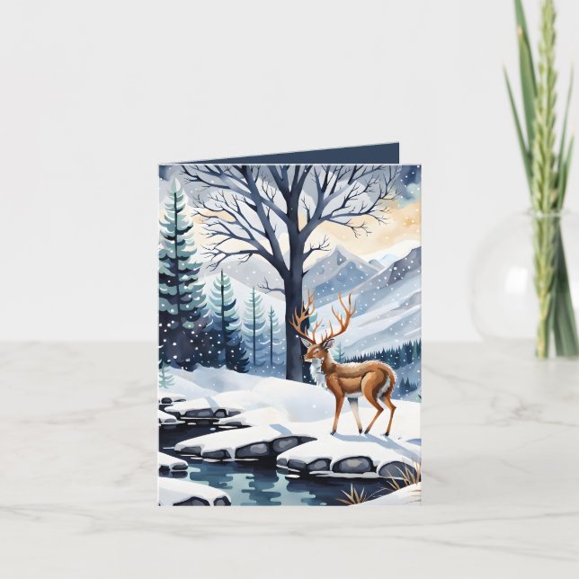 Cerf au bord du lac Snowy Carte de Noël pliée (Devant)