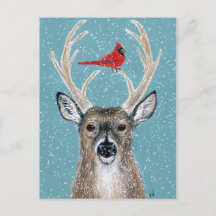 Cerf, cardinal, neige, carte postale hivernale de 