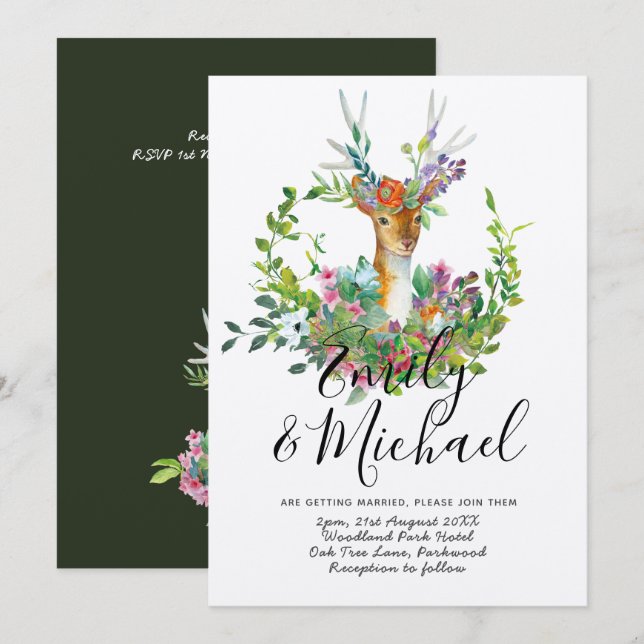 Cerf de forêt illustrée Faire-part de mariage Kraf (Devant / Derrière)