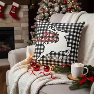 Cerf de Joyeux Noël Plaid Noir & Blanc Nom Coussin