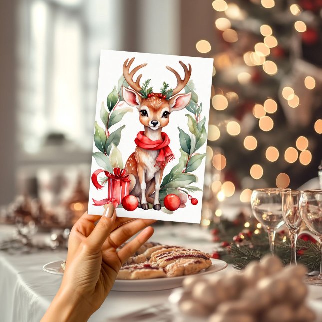 Cerf de Noël en Red Scarf Flat Carte de vacances (Créateur téléchargé)