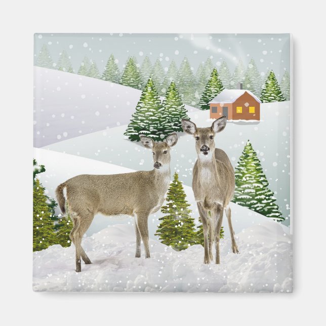 Cerf en hiver avec Aimant à Réfrigérateur de Neige (Devant)