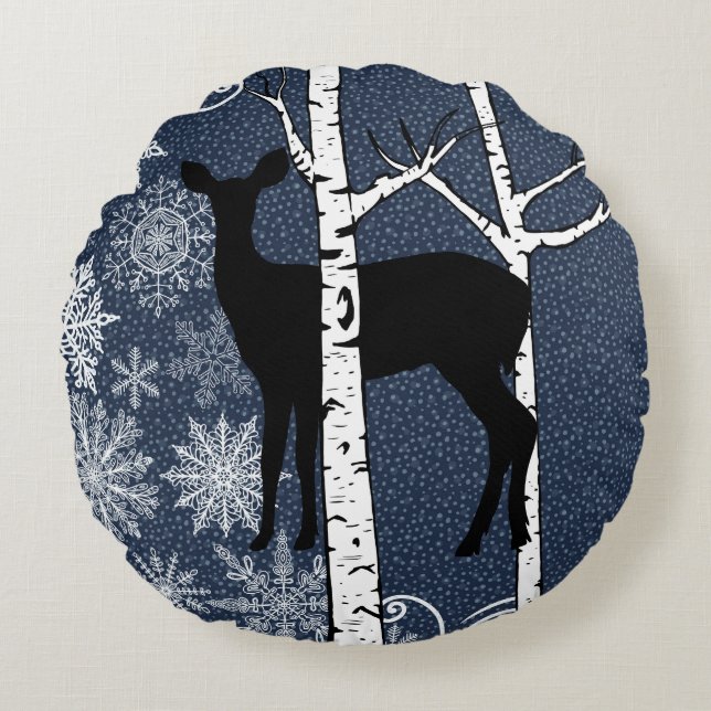 Cerf en hiver Coussin rond de la forêt de Birch (Devant)