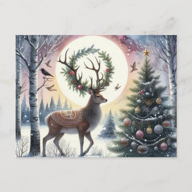 Cerf enchanté du solstice dans la neige Carte post (Devant)
