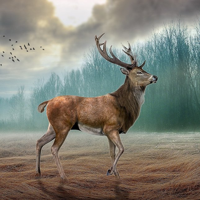 Cerf Lone Dans La Forêt Misty Carte De Voeux Pliée (Créateur téléchargé)