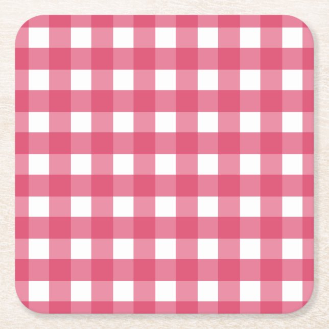 Cerise gingham square paper coaster (Front)