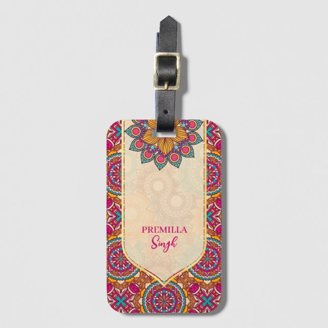 Cerise mandala rangoli ethnic pattern vibrant luggage tag (Front Vertical)