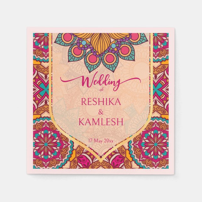 Cerise mandala rangoli wedding personalized name napkin (Front)
