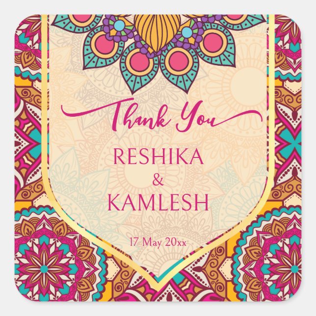 Cerise mandala rangoli wedding personalized name square sticker (Front)