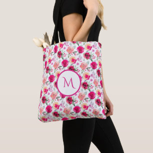 Cerise Pink Aquarelle Floral Sac fourre-tout Monog