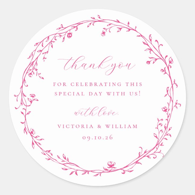 Cerise Pink Botanical Wreath Wedding Favour Classic Round Sticker (Front)