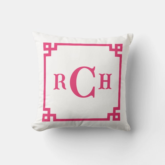 Cerise Pink Greek Key Monogram Design Throw Pillow (Front)