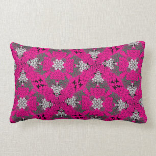 Cerise Pink Grey Mix Modern Floral Damask Print Lumbar Pillow