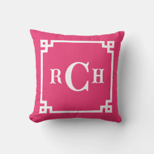Cerise Pink Reverse Chinoiserie Greek Key Monogram Throw Pillow