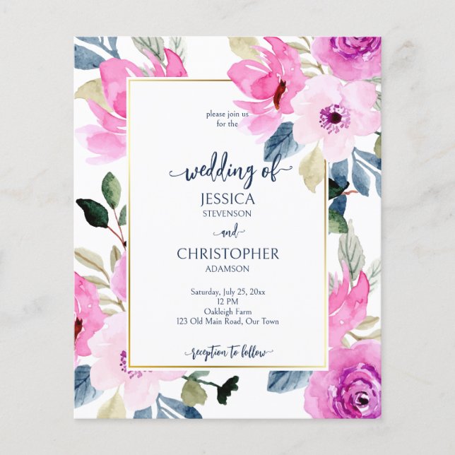 Cerise pink spring flowers budget wedding invite (Front)