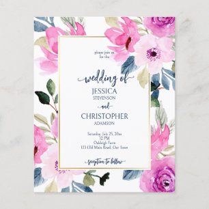 Cerise pink spring flowers budget wedding invite