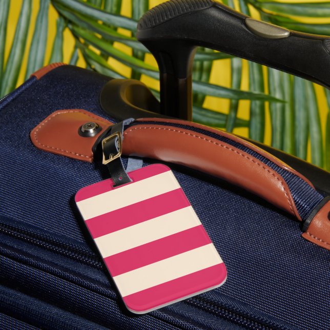 Cerise Pink Stripes Luggage Tag (Front Insitu 1)