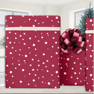 Cerise Red White Falling Snow Holiday Wrapping Paper