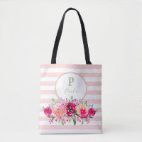 Cerise Watercolor Floral Monogram on Pink Stripes