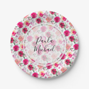 Cerise Watercolor Floral Personalized Paper Plates