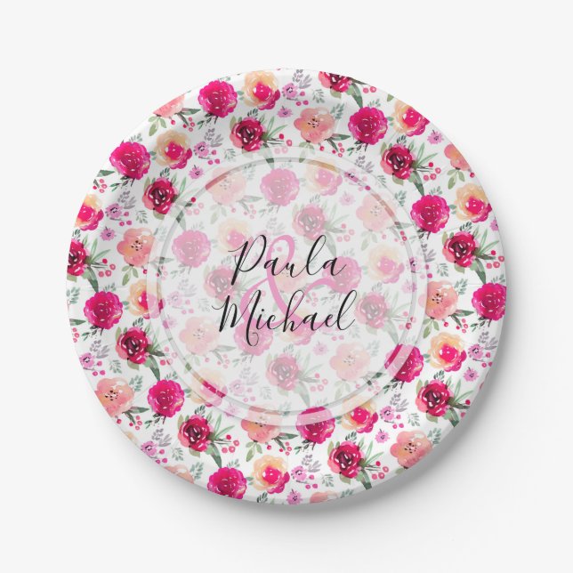 Cerise Watercolor Floral Personalized Paper Plates (Front)