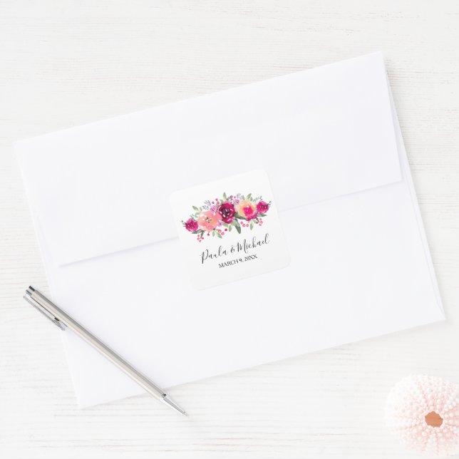 Cerise Watercolor Floral Sticker (Envelope)