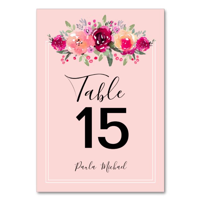Cerise Watercolor Flowers | Pink Table Number (Front)