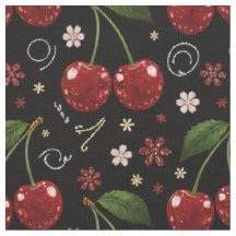 Cerises Brillantes, Tissu à Motif Noir Sans Coutur
