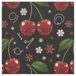 Cerises Brillantes, Tissu à Motif Noir Sans Coutur