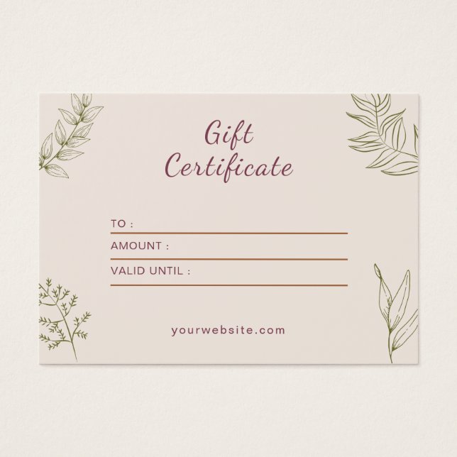Certificat cadeau Beige Neutre Élégant (Devant)