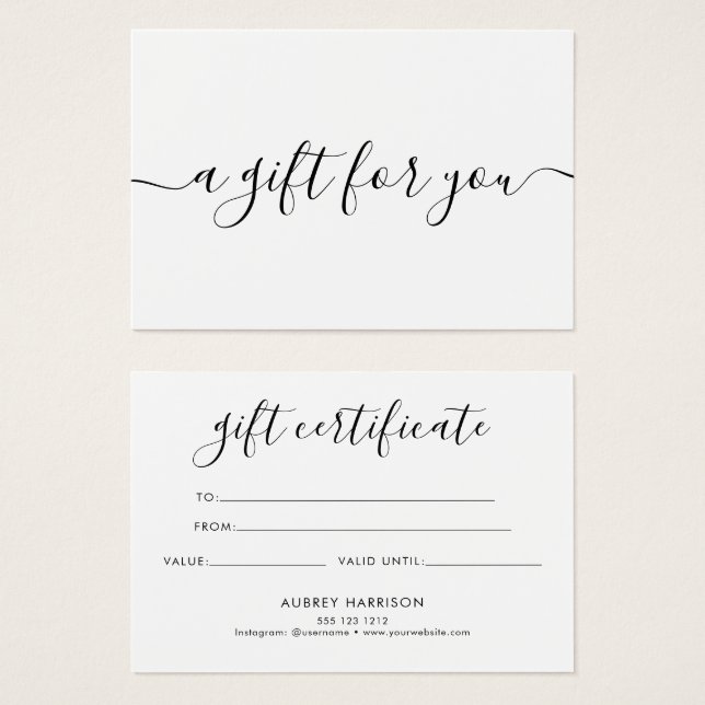 Certificat cadeau blanc minimaliste de script (Devant & derrière)
