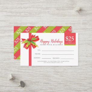 Certificat cadeau de Noël ruban vert rouge 25 $