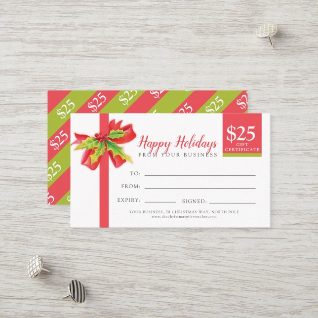 Certificat cadeau de Noël ruban vert rouge 25 $ (Devant/Arrière en situation)